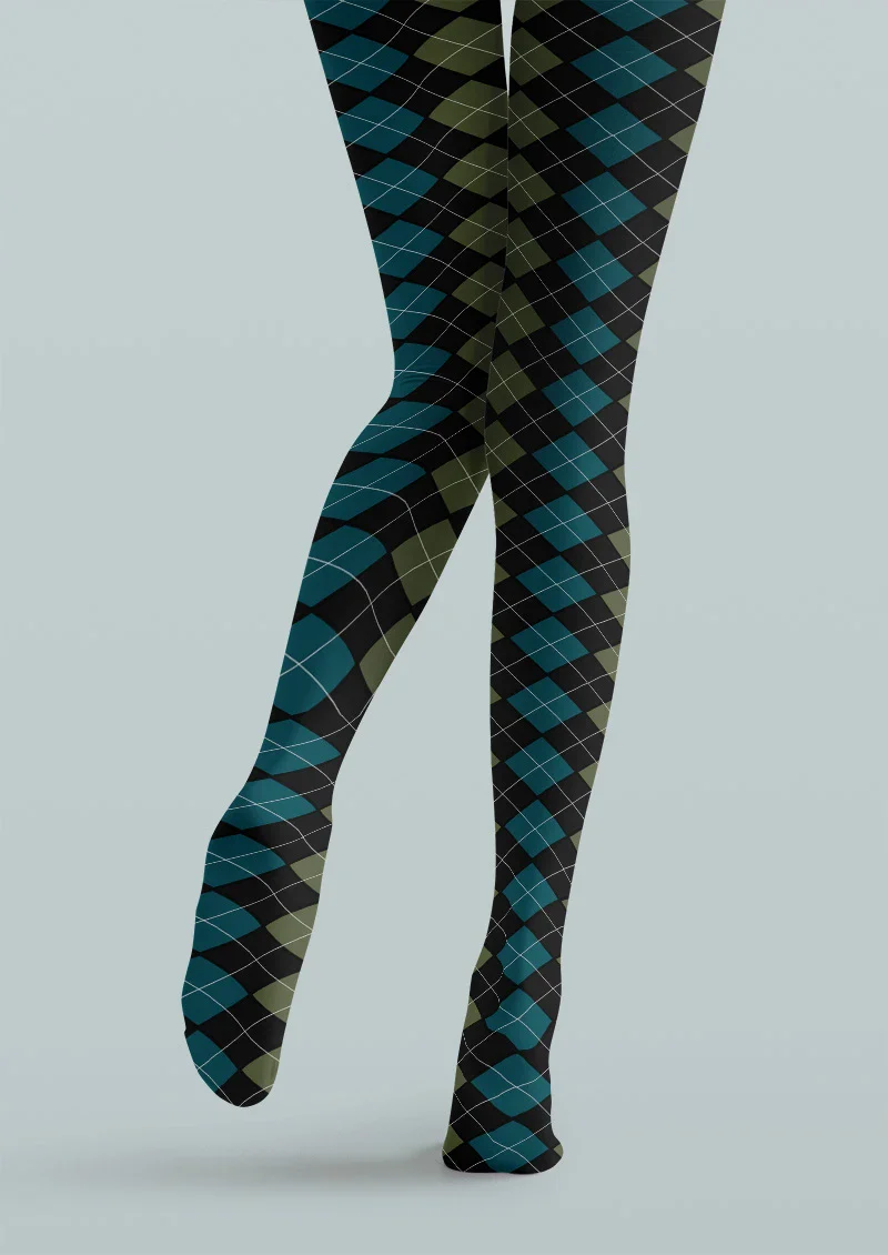 Viken Plan Blue Green Argyle Gradient Tights Hosiery Pantyhose - Image 4