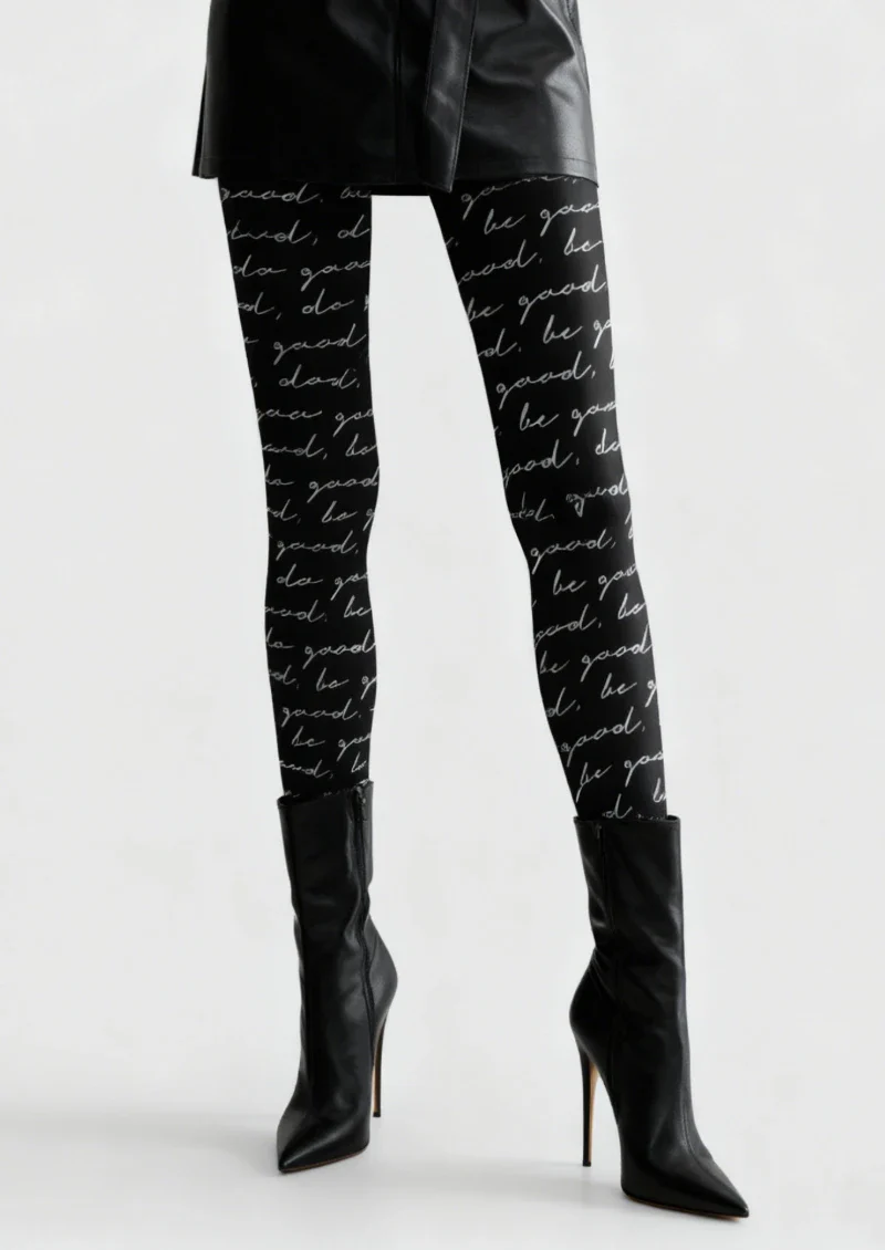 Viken Plan Black Script Letter Tights Hosiery Pantyhose - Image 2