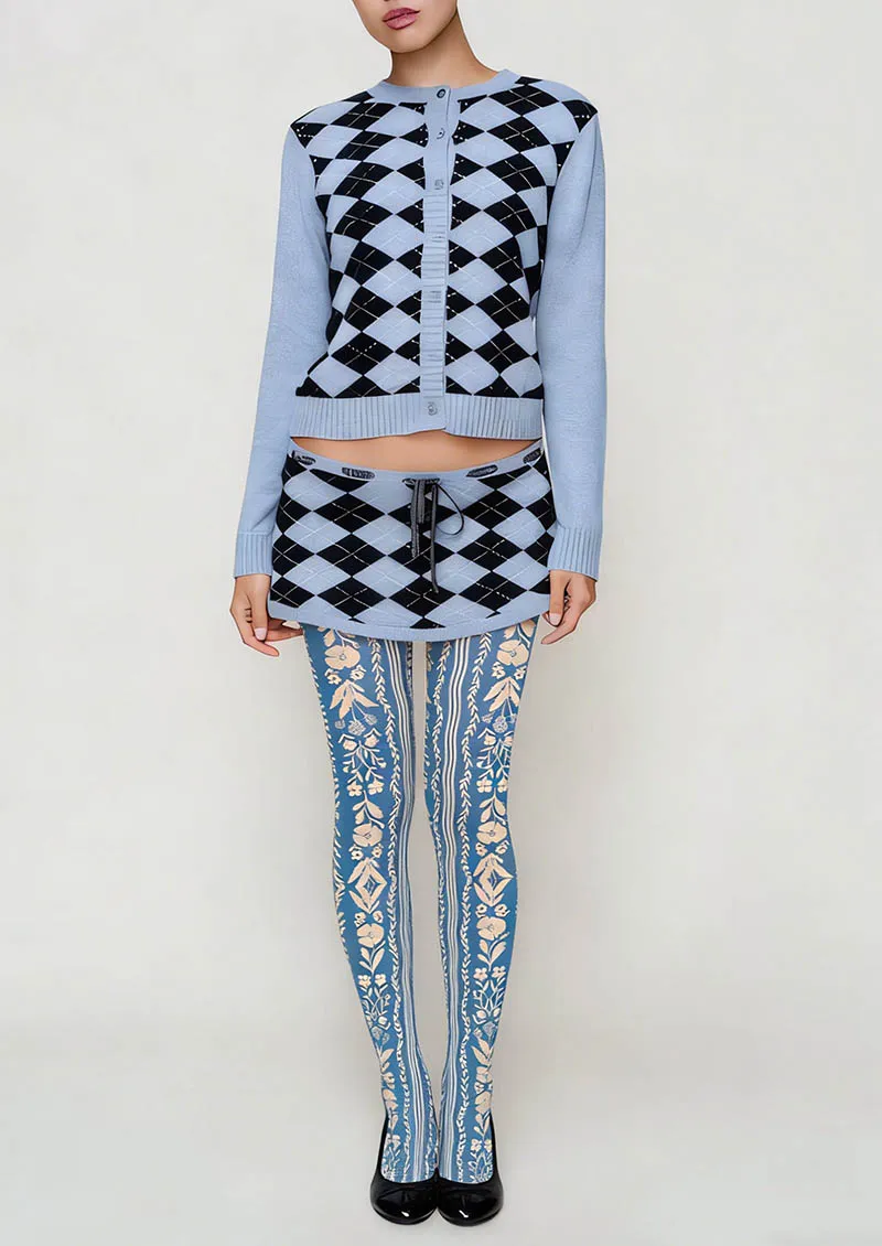 Viken Plan Floral pattern Blue Filigree Tights Hosiery Pantyhose - Image 2