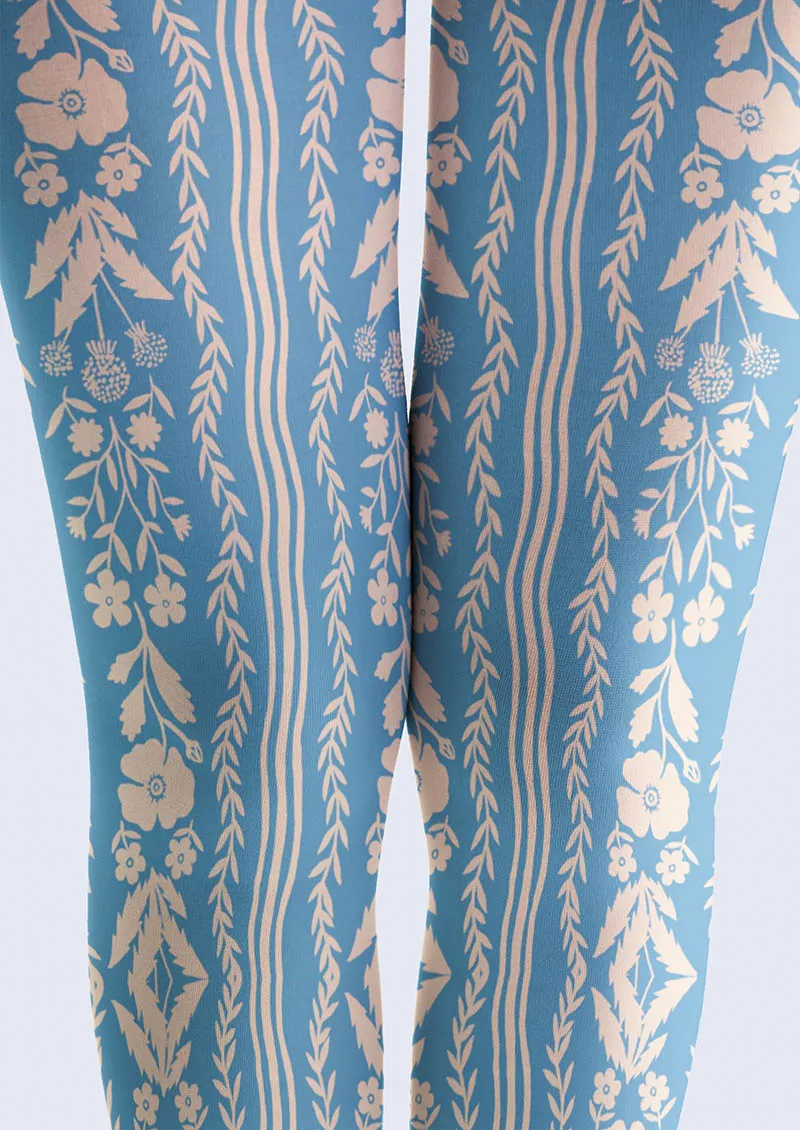 Viken Plan Floral pattern Blue Filigree Tights Hosiery Pantyhose - Image 4