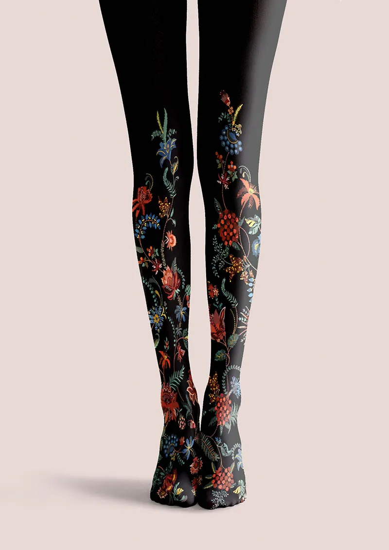 Viken Plan Exotic Floral Black Tights Hosiery Pantyhose