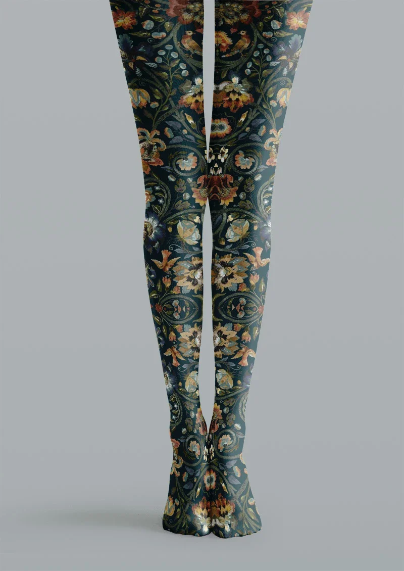 Viken Plan Boho Ethnic Floral Blue Tights Hosiery Pantyhose