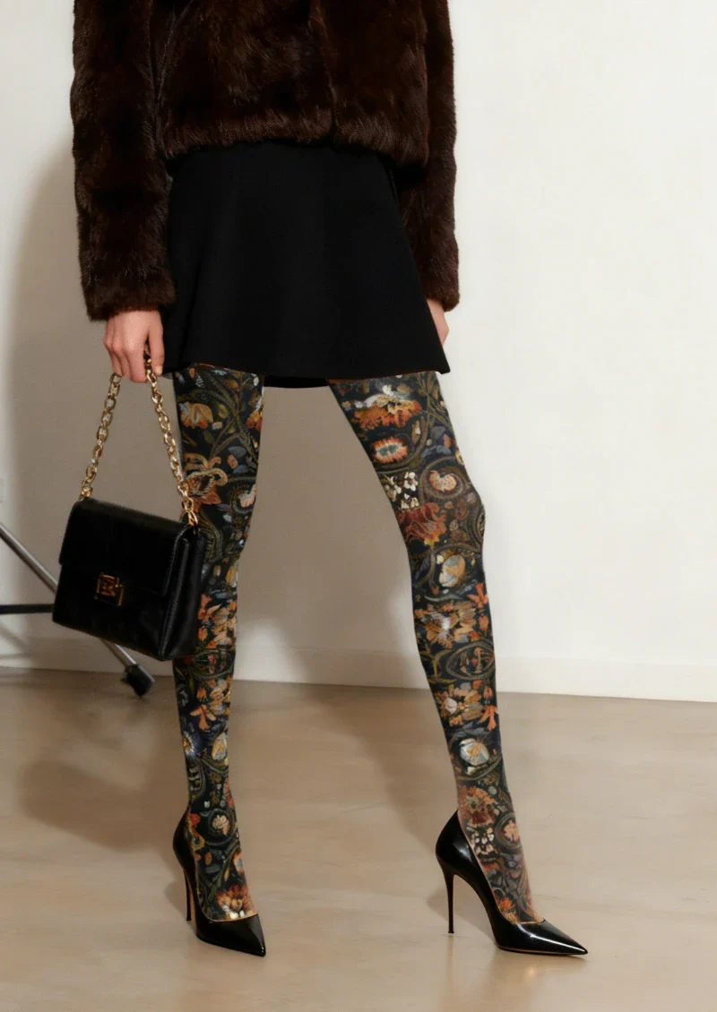 Viken Plan Boho Ethnic Floral Blue Tights Hosiery Pantyhose - Image 2