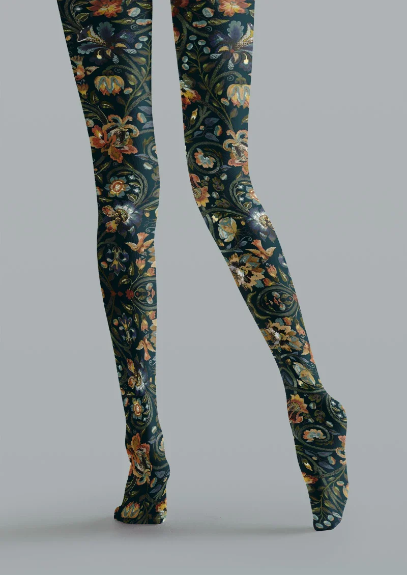 Viken Plan Boho Ethnic Floral Blue Tights Hosiery Pantyhose - Image 4