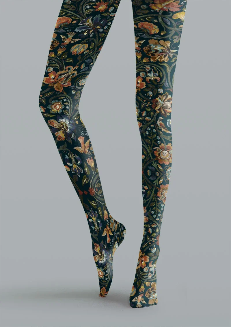 Viken Plan Boho Ethnic Floral Blue Tights Hosiery Pantyhose - Image 5