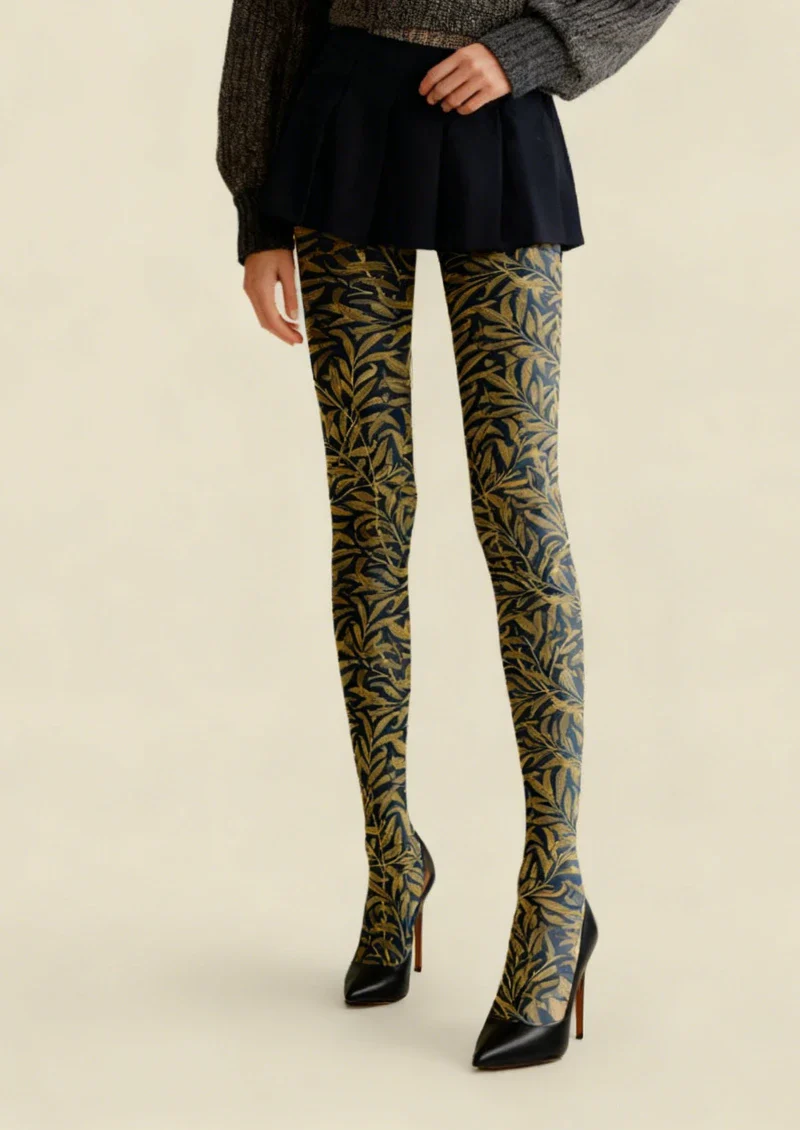 Viken Plan Golden Botanical Pattern Tights Hosiery Pantyhose - Image 2
