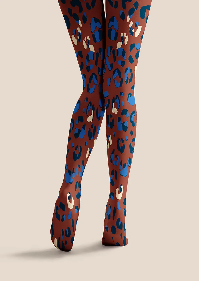 Viken Plan Mocha Blue Leopard Print Tights Hosiery Pantyhose - Image 3