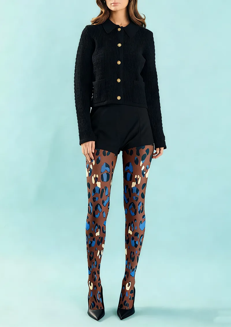 Viken Plan Mocha Blue Leopard Print Tights Hosiery Pantyhose - Image 6