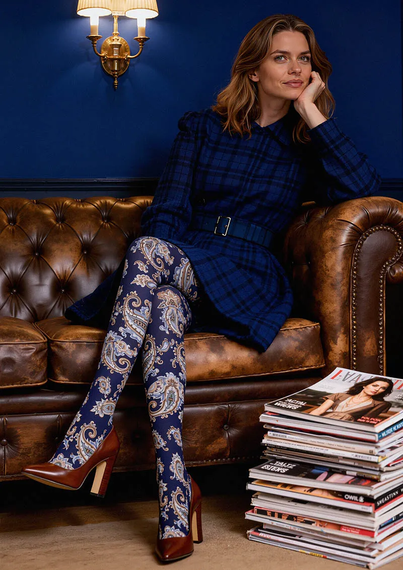 Viken Plan Navy Elegant Paisley Tights Hosiery Pantyhose - Image 2