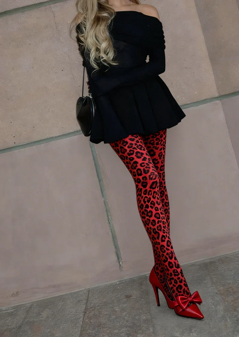 Viken Plan Red Leopard Print Tights Hosiery Pantyhose - Image 2
