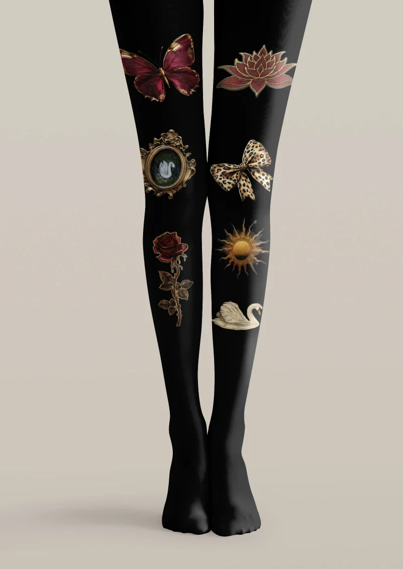 Viken Plan Black Butterfly Floral Tights Hosiery Pantyhose
