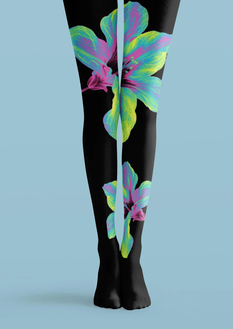 Viken Plan Black Colorful Leaf Floral Tights Hosiery Pantyhose