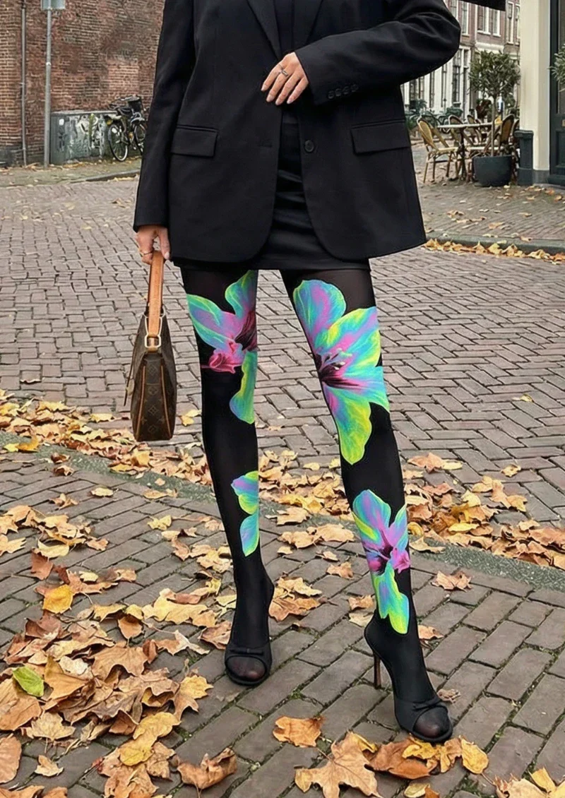 Viken Plan Black Colorful Leaf Floral Tights Hosiery Pantyhose - Image 2