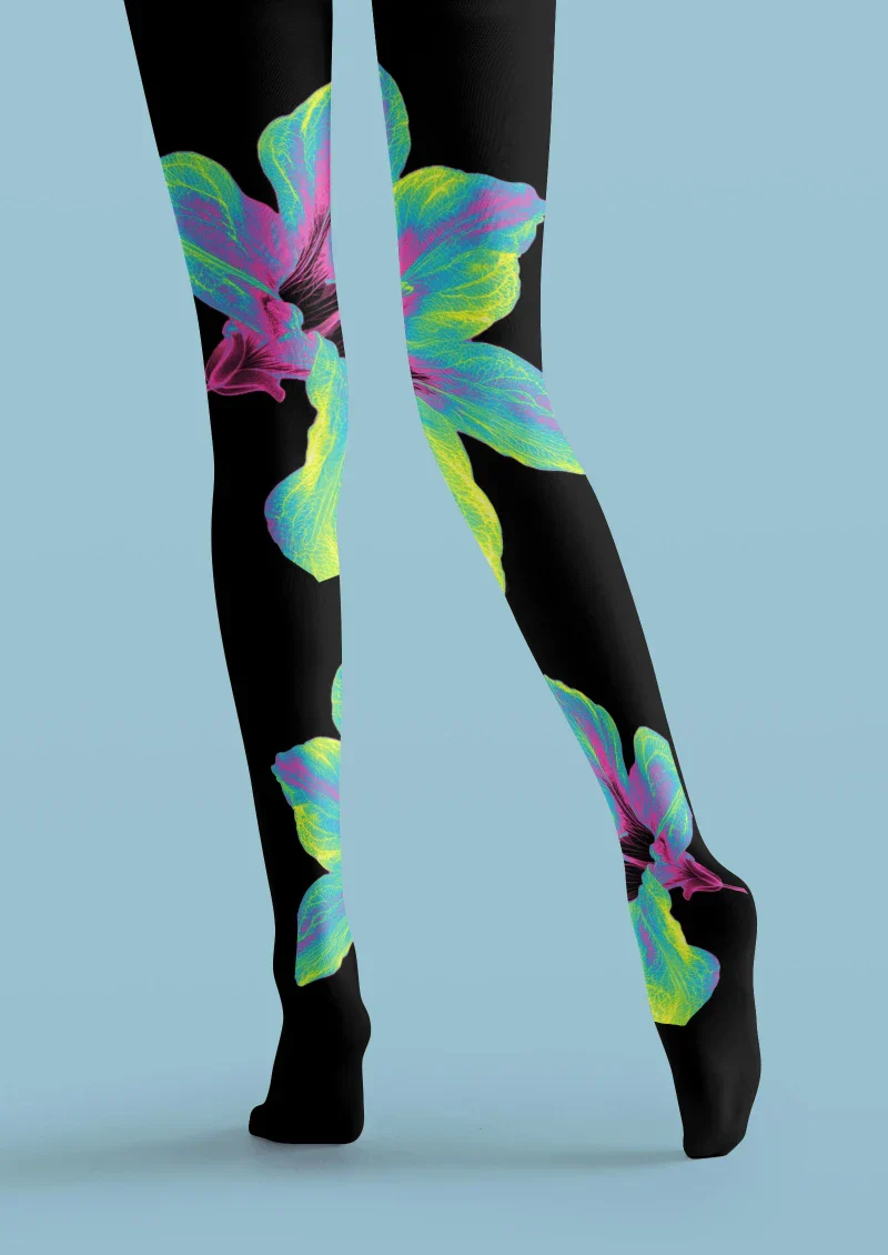 Viken Plan Black Colorful Leaf Floral Tights Hosiery Pantyhose - Image 3