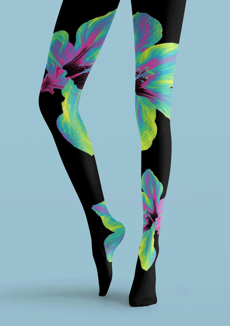 Viken Plan Black Colorful Leaf Floral Tights Hosiery Pantyhose - Image 5