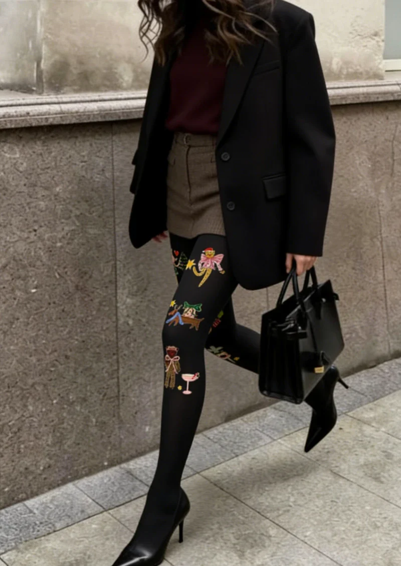 Viken Plan Black Decorative Graphic Tights Hosiery Pantyhose - Image 2