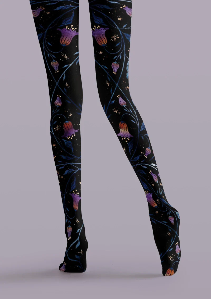 Viken Plan Black Floral Decor Graphic Tights Hosiery Pantyhose