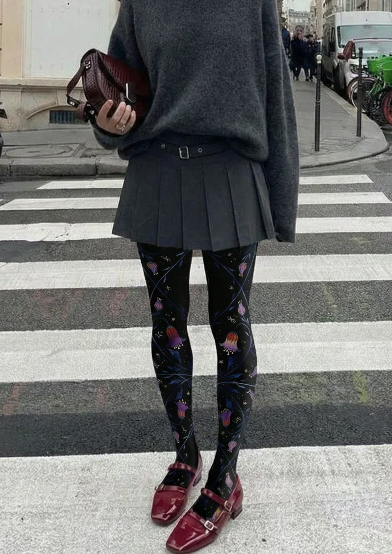 Viken Plan Black Floral Decor Graphic Tights Hosiery Pantyhose - Image 2