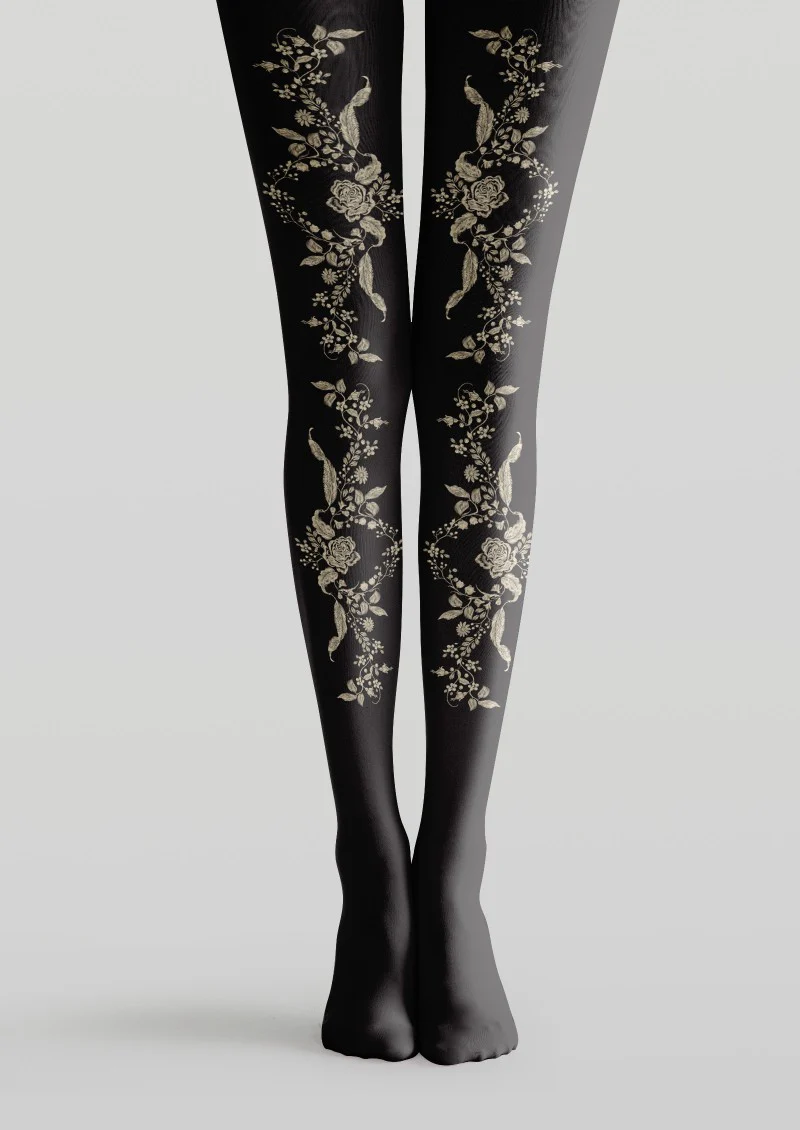 Viken Plan Black Floral Print Tights Hosiery Pantyhose