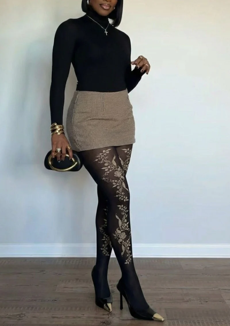Viken Plan Black Floral Print Tights Hosiery Pantyhose - Image 2