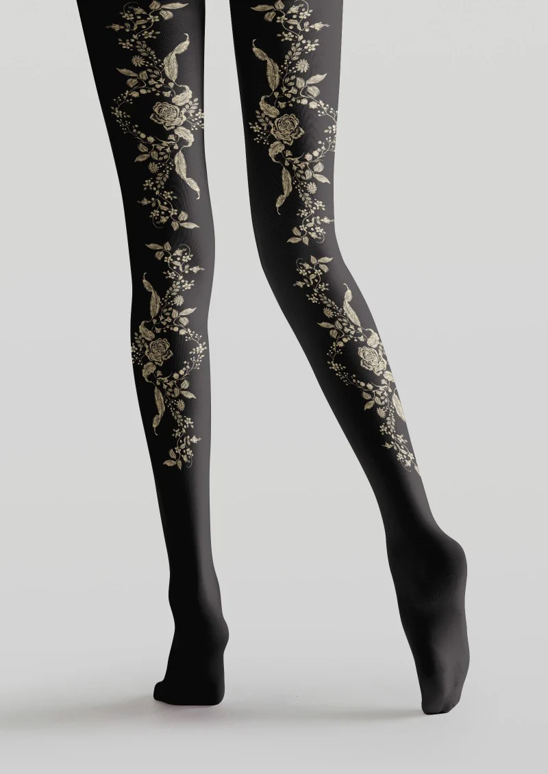 Viken Plan Black Floral Print Tights Hosiery Pantyhose - Image 4