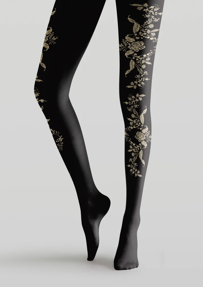 Viken Plan Black Floral Print Tights Hosiery Pantyhose - Image 5