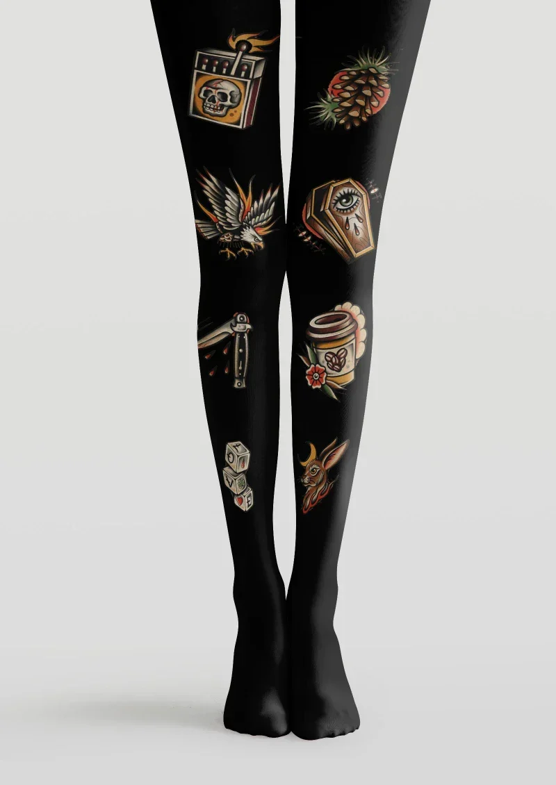 Viken Plan Black Gold Tattoo Graphic Tights Hosiery Pantyhose
