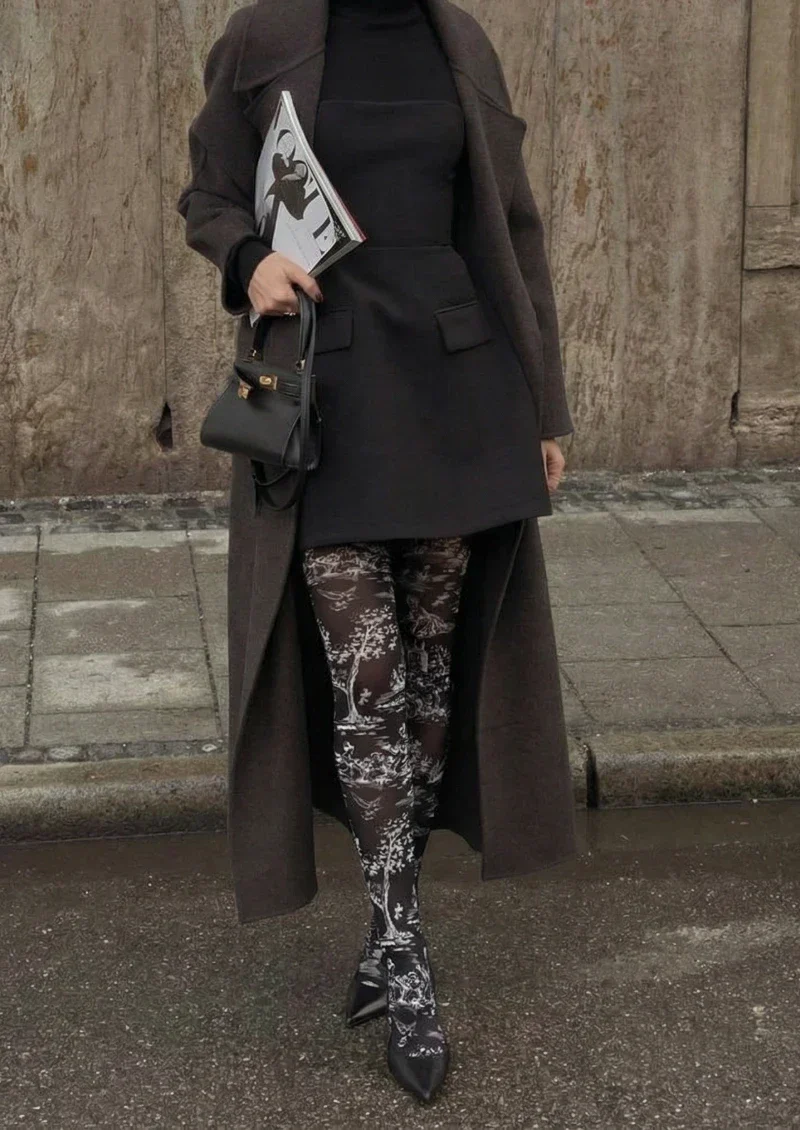 Viken Plan Black Gray Abstract Texture Tights Hosiery Pantyhose - Image 2