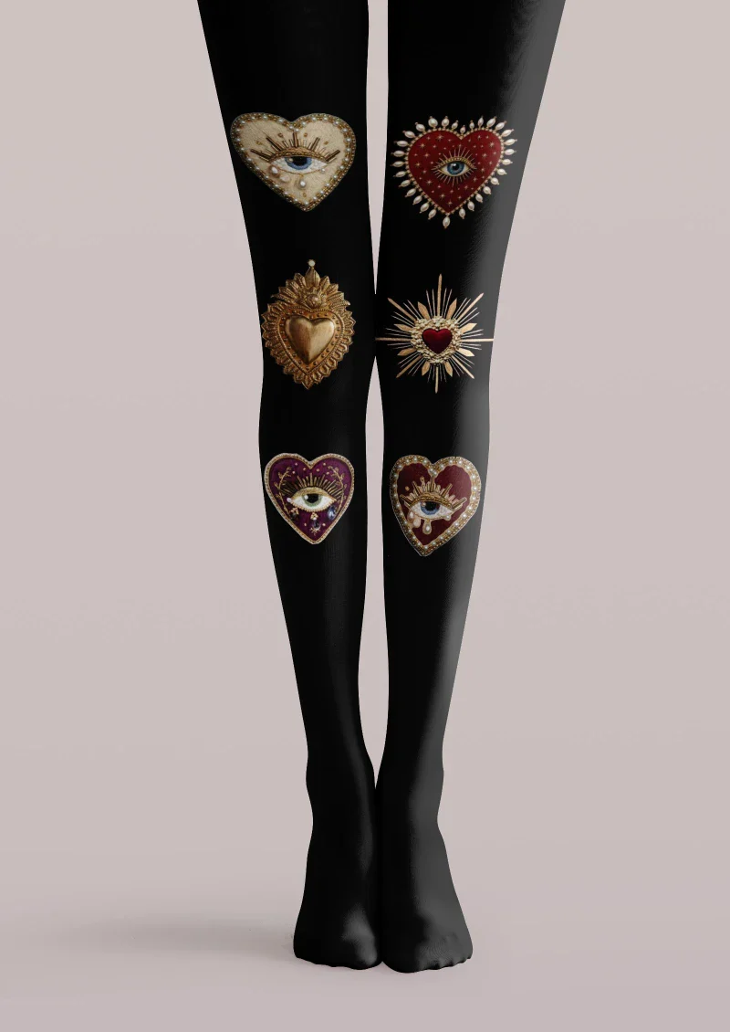 Viken Plan Black Heart Decor Graphic Tights Hosiery Pantyhose