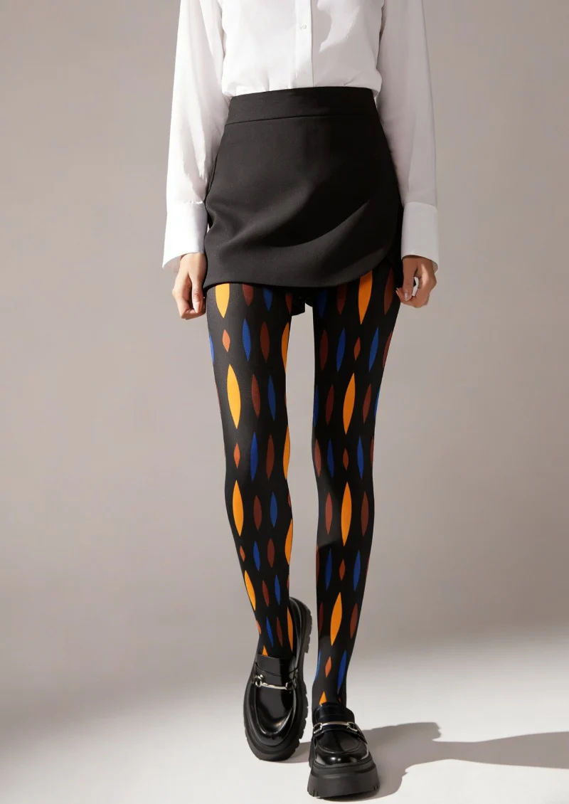 Viken Plan Black Orange Geometric Tights Hosiery Pantyhose - Image 2