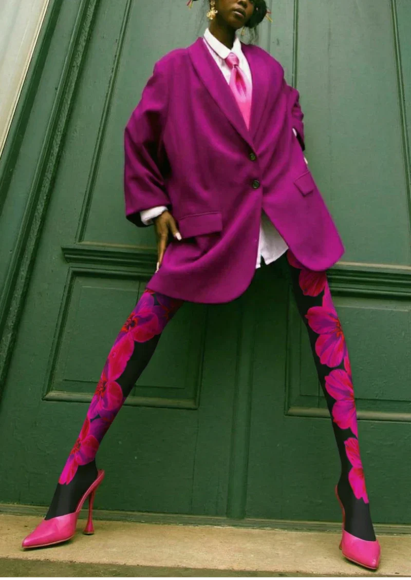 Viken Plan Black Pink Hibiscus Floral Tights Hosiery Pantyhose - Image 2