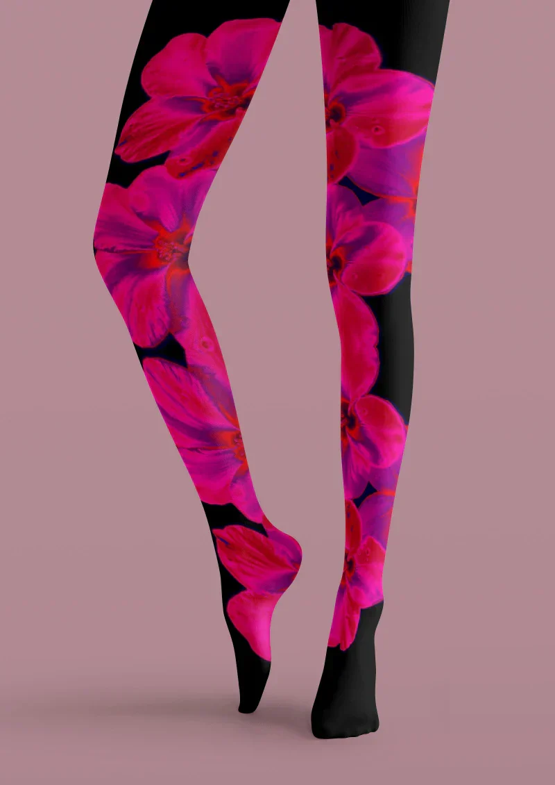 Viken Plan Black Pink Hibiscus Floral Tights Hosiery Pantyhose - Image 5