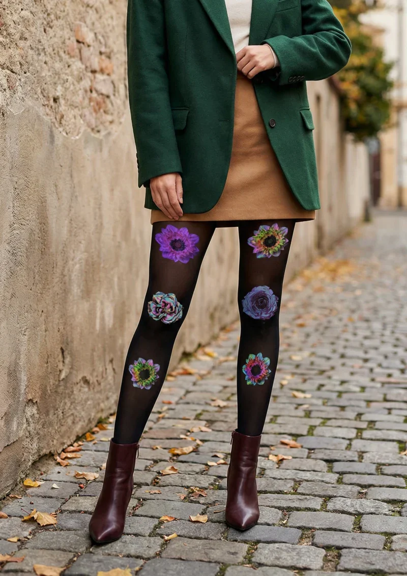 Viken Plan Black Purple Floral Print Tights Hosiery Pantyhose - Image 2