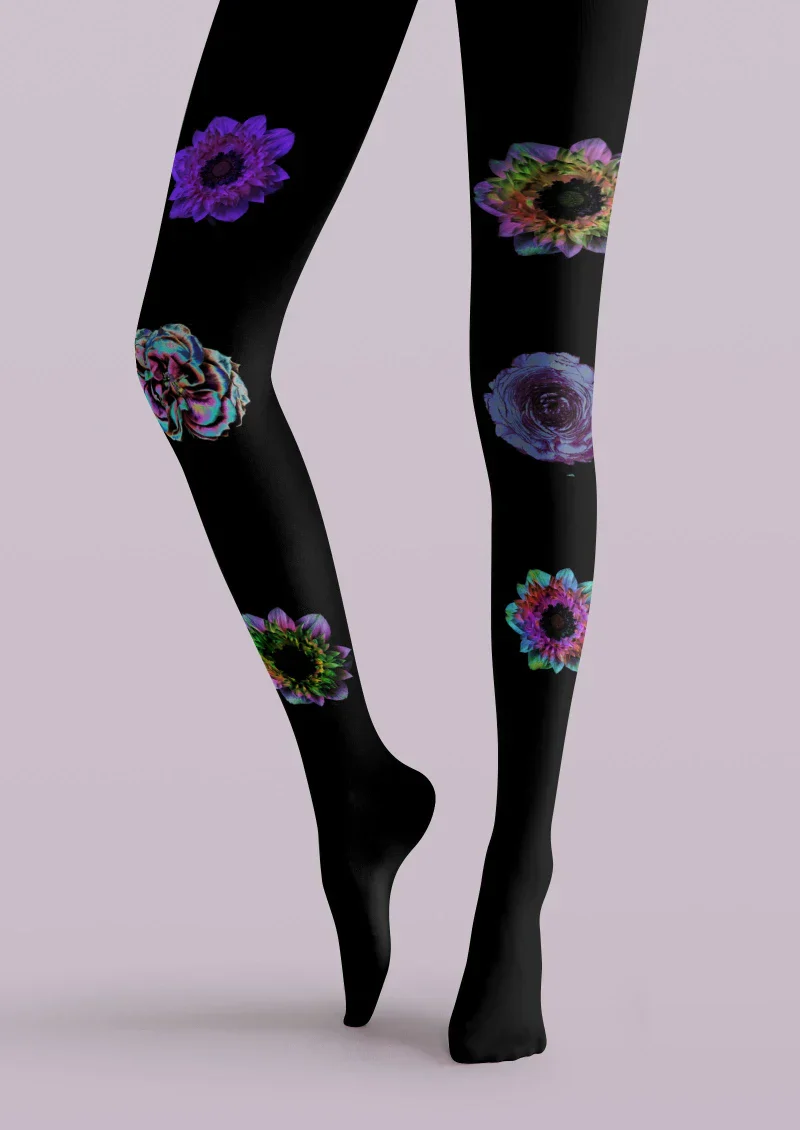 Viken Plan Black Purple Floral Print Tights Hosiery Pantyhose - Image 5