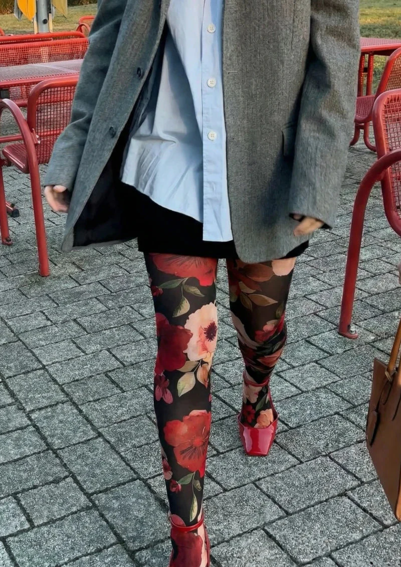 Viken Plan Black Red Floral Print Tights Hosiery Pantyhose - Image 2