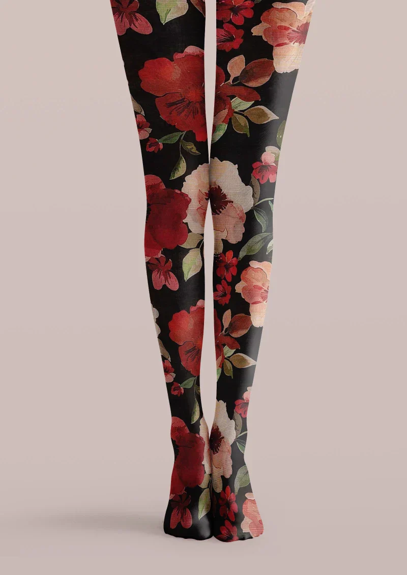 Viken Plan Black Red Floral Print Tights Hosiery Pantyhose - Image 5
