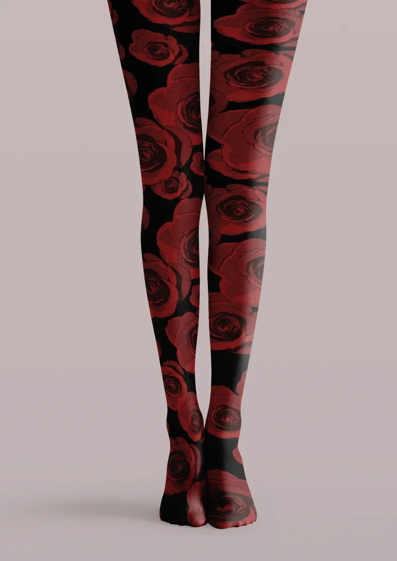 Viken Plan Black Red Floral Print Tights Hosiery Pantyhose
