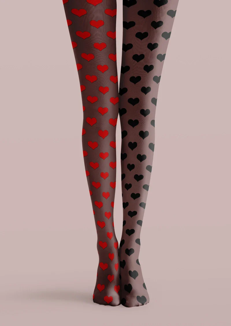 Viken Plan Black Red Heart Polka Dot Tights Hosiery Pantyhose