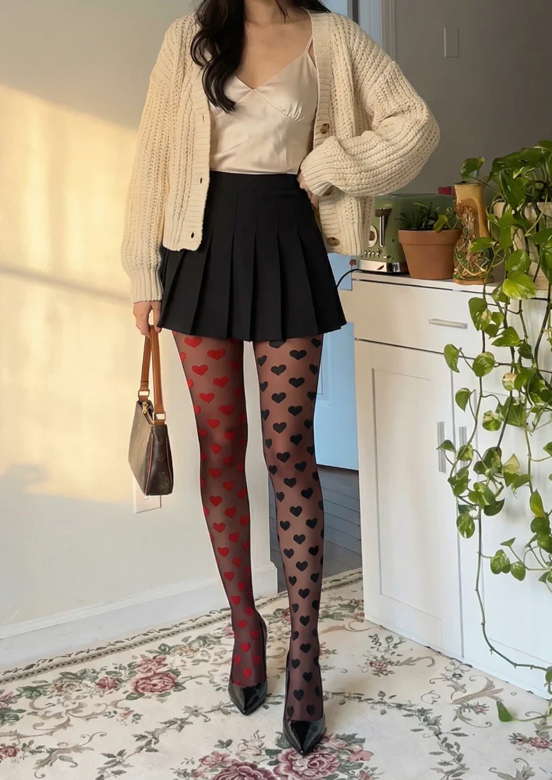 Viken Plan Black Red Heart Polka Dot Tights Hosiery Pantyhose - Image 2
