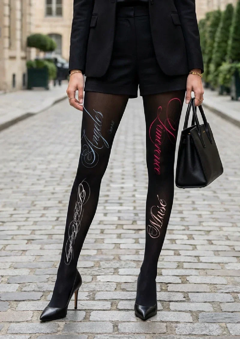 Viken Plan Black White Handwritten Text Tights Hosiery Pantyhose - Image 2