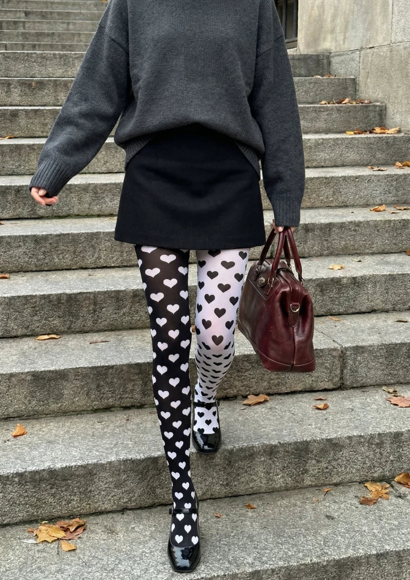 Viken Plan Black White Heart Graphic Tights Hosiery Pantyhose - Image 2