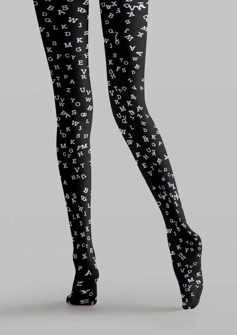 Viken Plan Black White Letter Graphic Tights Hosiery Pantyhose - Image 3