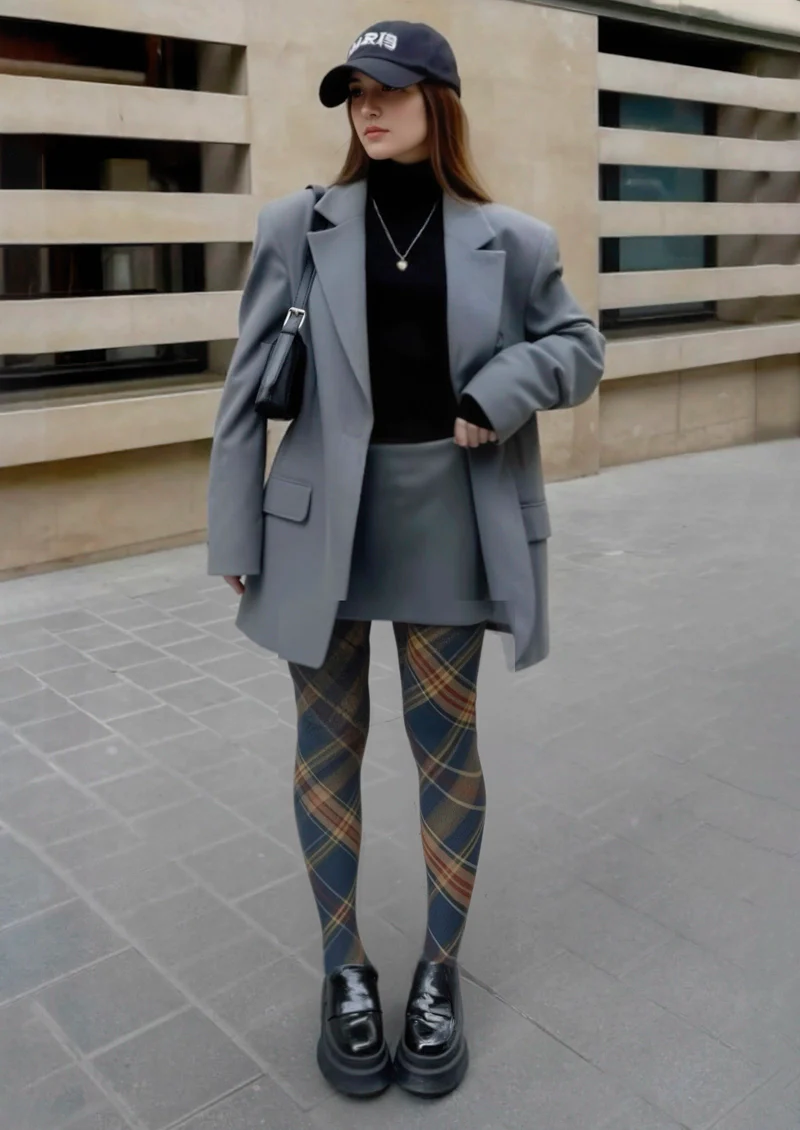 Viken Plan Blue-brown Check Plaid Tights Hosiery Pantyhose - Image 2