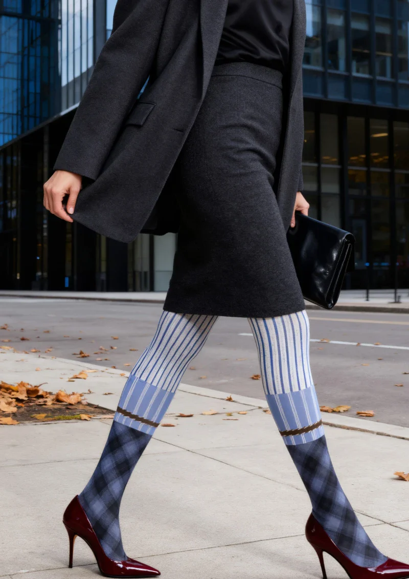 Viken Plan Blue Pinstripe Two-Tone Tights Hosiery Pantyhose - Image 2