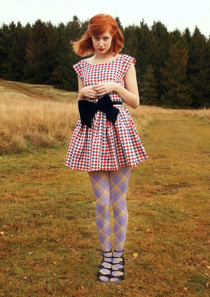 Viken Plan Purple-yellow stripes Checked Tights Hosiery Pantyhose - Image 2