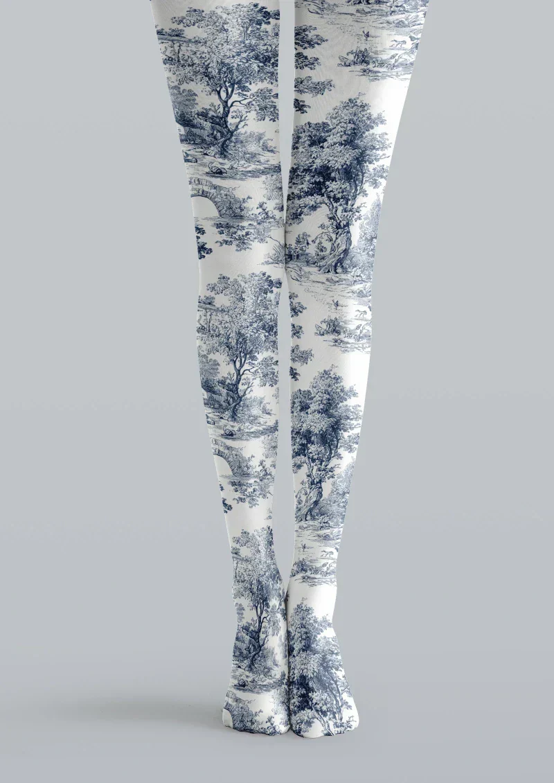 Viken Plan Blue White Floral Jacquard Tights Hosiery Pantyhose