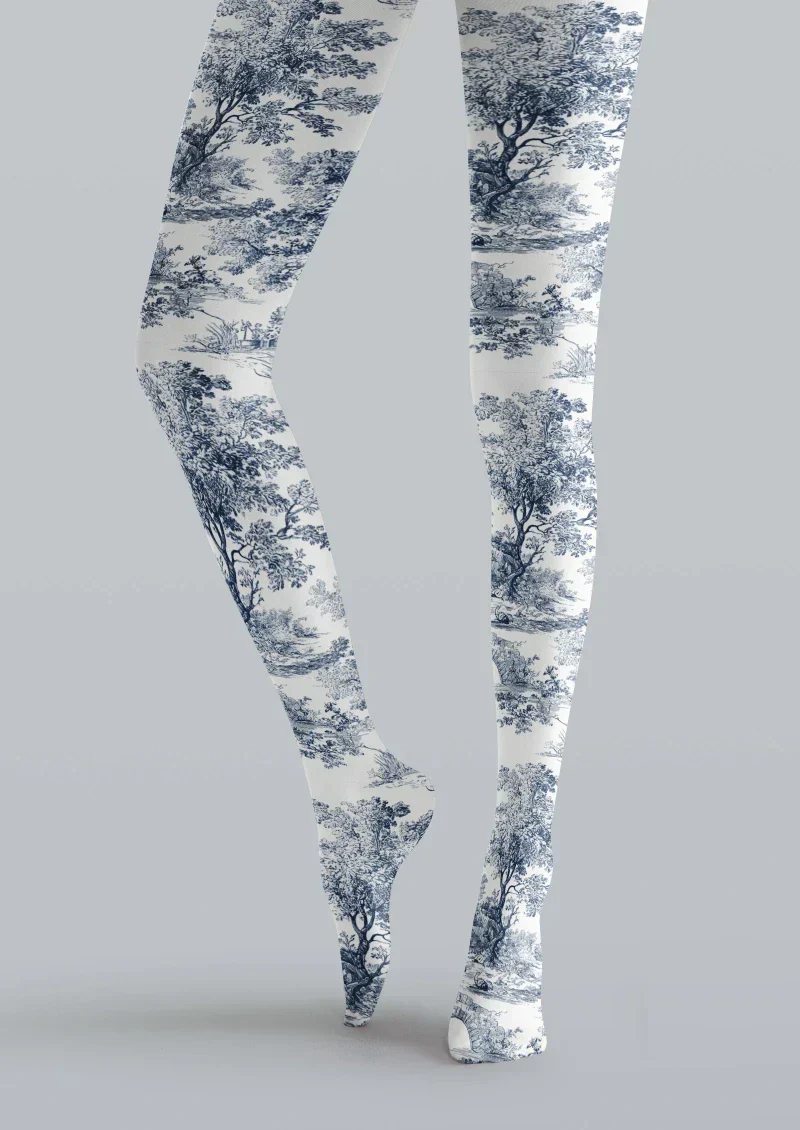 Viken Plan Blue White Floral Jacquard Tights Hosiery Pantyhose - Image 5