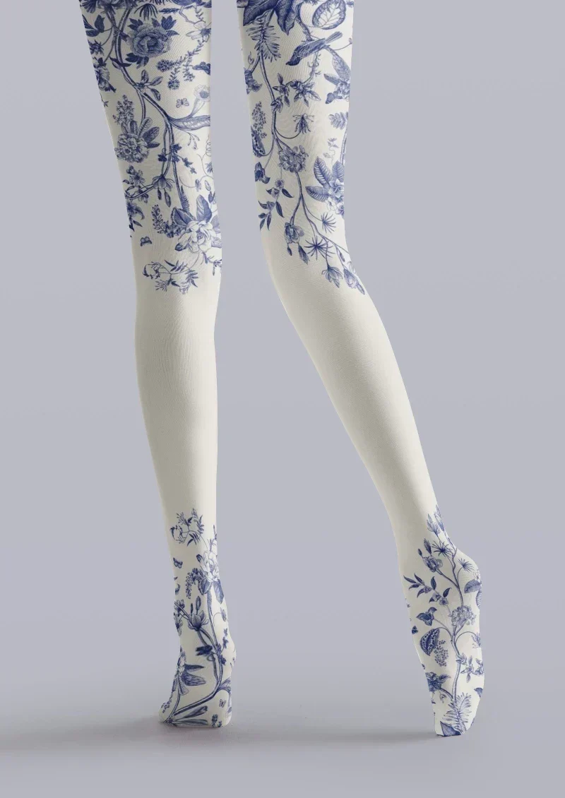 Viken Plan Blue White Porcelain Floral Tights Hosiery Pantyhose - Image 3