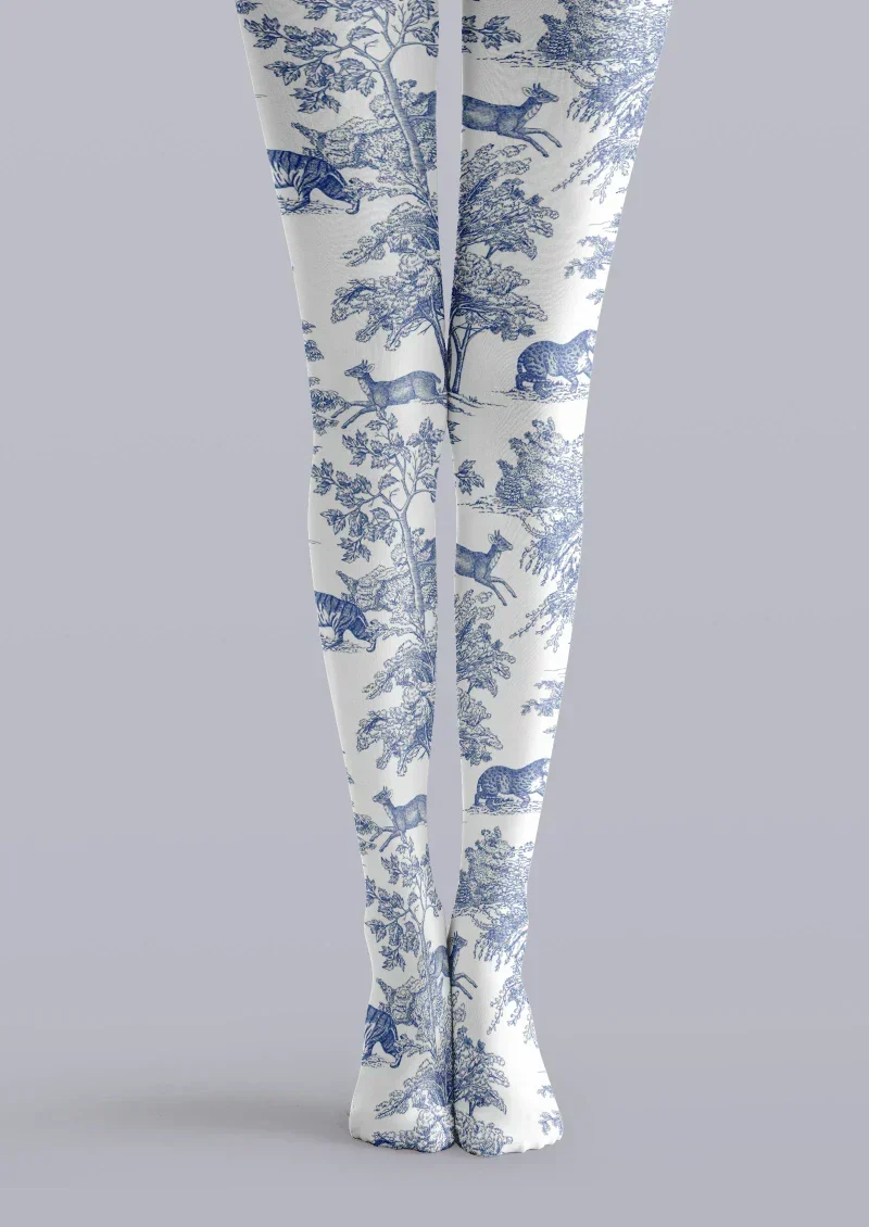 Viken Plan Blue White Porcelain Floral Tights Hosiery Pantyhose