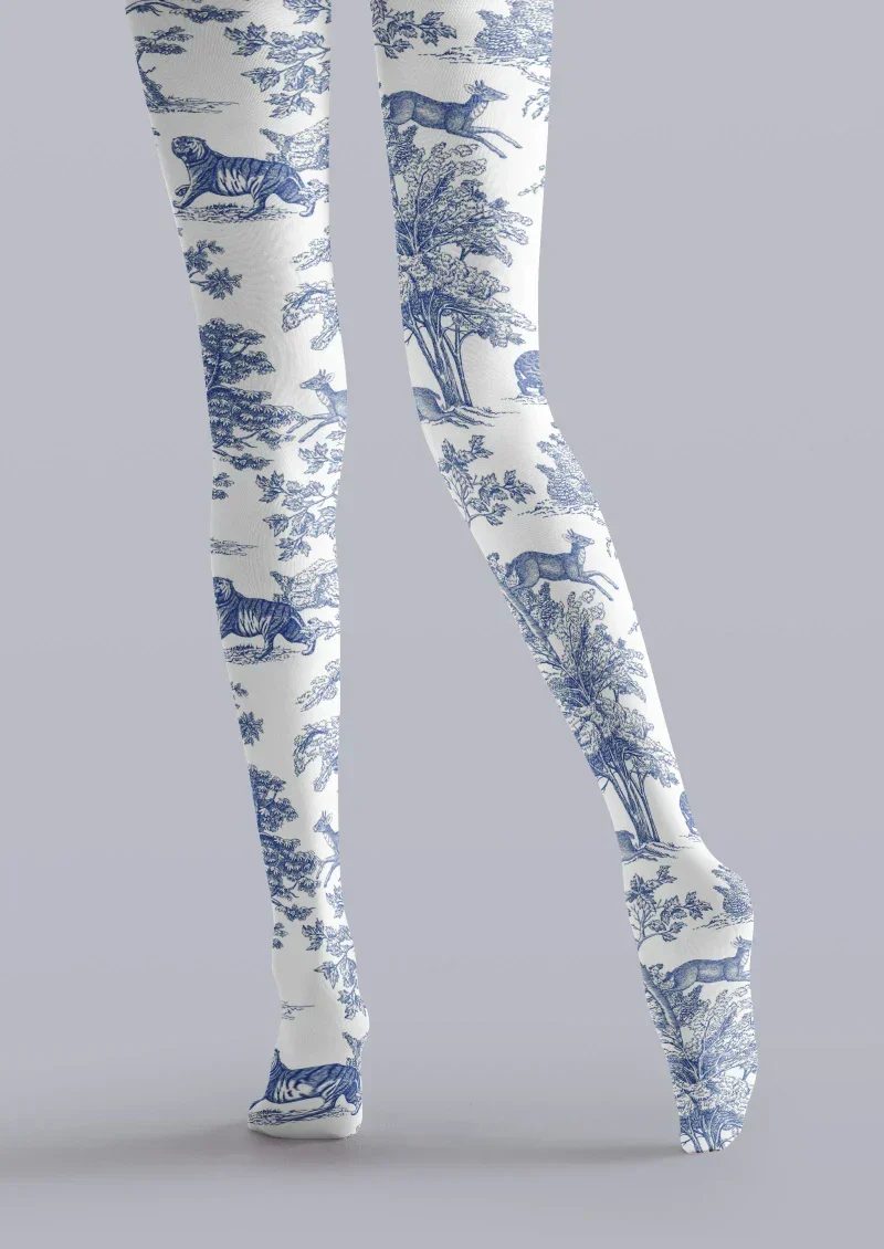 Viken Plan Blue White Porcelain Floral Tights Hosiery Pantyhose - Image 3